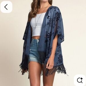 Hollister Semi Sheer Blue Black Velvet Floral Fringed Wrap Kimono One Size